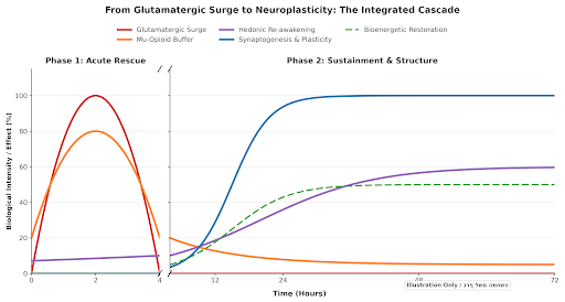 A split-axis schematic graph titled 'From Glutamatergic Surge to Neuroplasticity'. It illustrates the kinetic mismatch of ketamine action over 72 hours. Phase 1 (Acute, 0-4h) is dominated by a rapid Glutamatergic Surge (red line) and a Mu-Opioid Buffer peak (orange line, 80%). Phase 2 (Sustainment, 4-72h) shows a steep rise in Synaptogenesis/Neuroplasticity (blue line, reaching 100%) and Bioenergetic Restoration (dashed green line, 50%), while Hedonic Re-awakening (purple line) rises gradually across both phases.