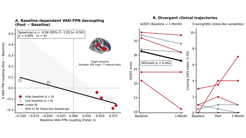 Composite figure with two panels. Panel A is a scatter plot with a negative regression slope, showing that higher baseline VAN-FPN coupling (x-axis) is associated with a greater decrease in coupling after treatment (y-axis). Red data points (high baseline) show negative change, while grey points (low baseline) show minimal change. An inset shows a 3D brain surface rendering highlighting the red VAN and blue FPN networks. Panel B displays two line graphs showing clinical trajectories: AUDIT scores generally decrease from baseline to 1-month, whereas craving scores show variable, state-dependent fluctuations across timepoints.