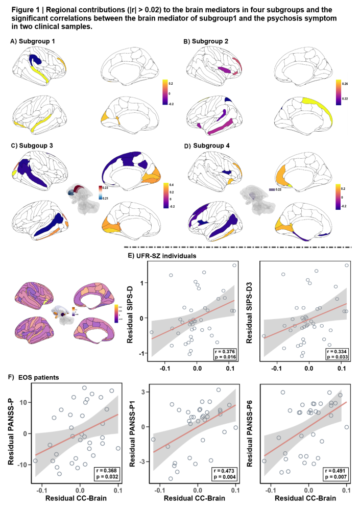 Different subgroups had extinct brain contribution patterns.The brain pattens in a subgroup 1 showed associations with psychiatric symptoms in two clincal samples.